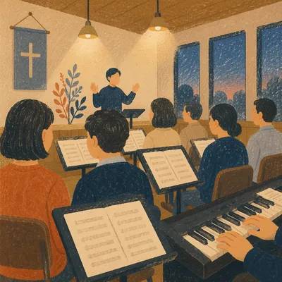 Korean Church Choir Rehearsal with Music Stands