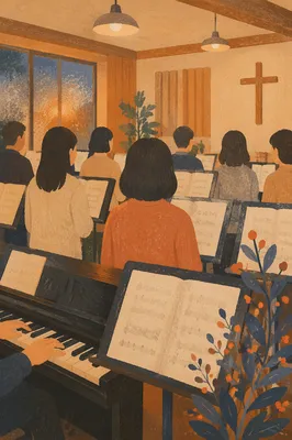 Korean Church Choir Rehearsal with Music Stands