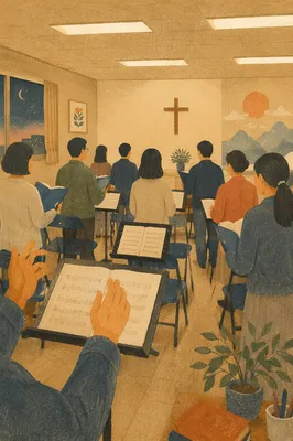 Korean Church Choir Rehearsal With Music Stands