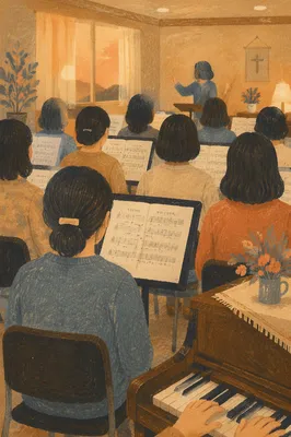Korean Church Choir Rehearsal With Music Stands