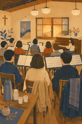 Korean Church Choir Rehearsal with Music Stands