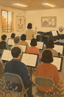 Korean Church Choir Rehearsal With Music Stands