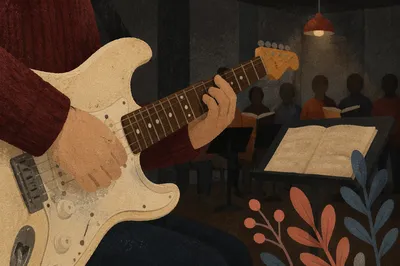 Korean Church Choir Guitar Rehearsal Closeup