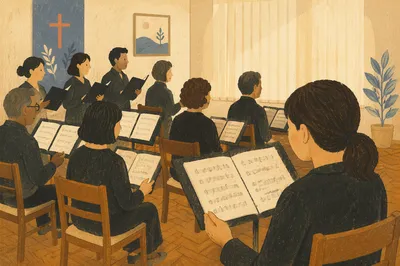 Korean Church Choir Rehearsal with Music Stands