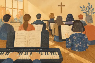 Korean Church Choir Rehearsal with Music Stands