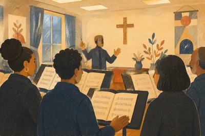 Korean Church Choir Rehearsal with Music Stands