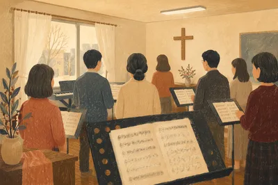 Korean Church Choir Rehearsal with Music Stands