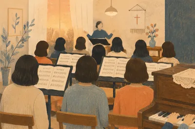 Korean Church Choir Rehearsal with Music Stands