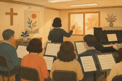 Korean Church Choir Rehearsal With Music Stands
