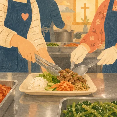 Korean Church Volunteers Serving Fellowship Meal