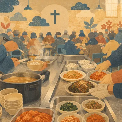 Korean Church Fellowship Meal Preparation Scene