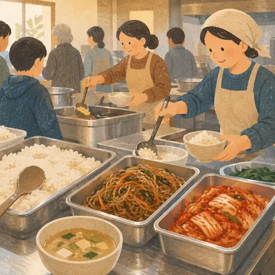 Korean Church Fellowship Meal Preparation Scene