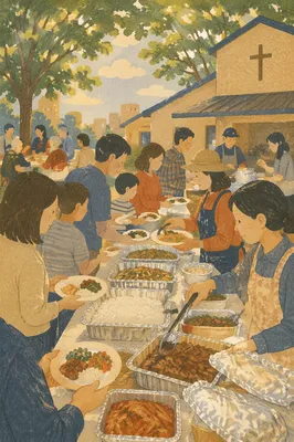Korean Church Fellowship Meal Outdoors