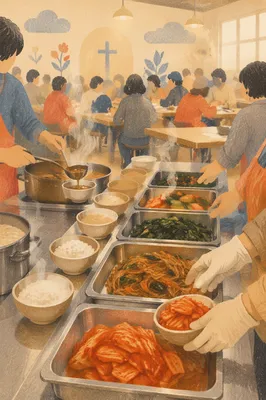 Korean Church Fellowship Meal Preparation Scene