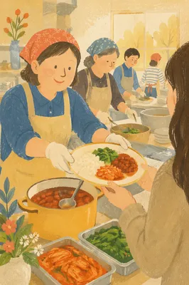 Korean Church Fellowship Meal Serving Scene
