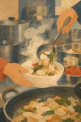 Serving Korean Fellowship Meal in Church Kitchen