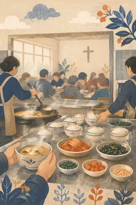 Korean Church Kitchen Fellowship Meal Preparation