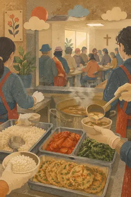 Korean Church Volunteers Serving Fellowship Meal