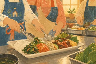 Korean Church Volunteers Serving Fellowship Meal