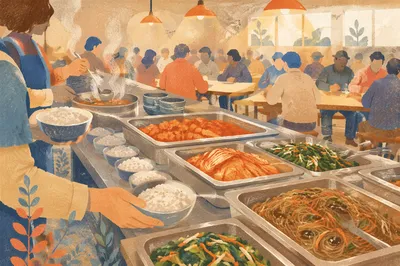 Korean Church Fellowship Meal Preparation Scene