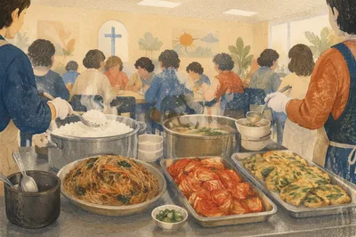 Korean Church Kitchen Fellowship Meal Preparation