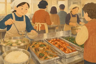 Korean Church Fellowship Meal Preparation Scene