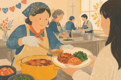 Korean Church Fellowship Meal Serving Scene