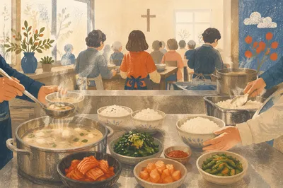 Korean Church Kitchen Fellowship Meal Preparation