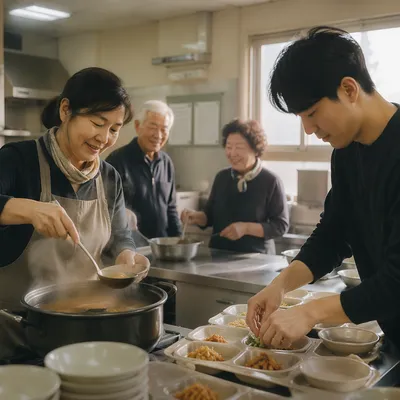 Volunteers Serving Meal in Community Kitchen