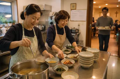 Korean Women Serving Soup in Church Kitchen