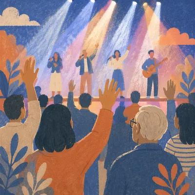 Raised Hands Facing Church Stage Lights