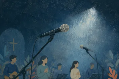 Microphones on Blue Lit Church Stage