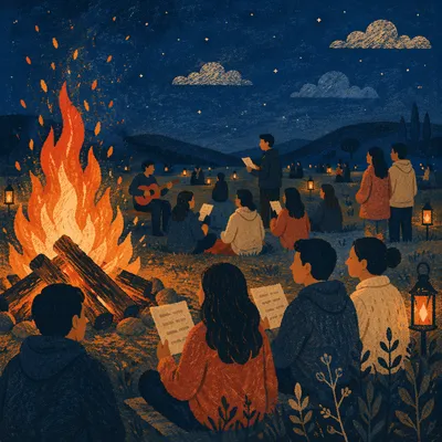Campfire Gathering in Twilight Field