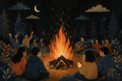 Campfire Flames at Night Gathering