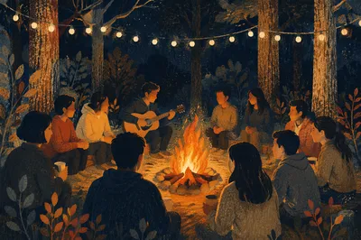 Night Campfire Gathering in Forest Clearing