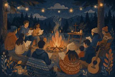 Campfire Gathering in Forest at Night