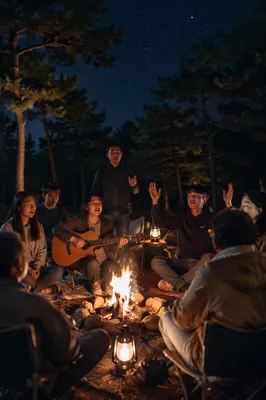 Korean Group Around Campfire at Night