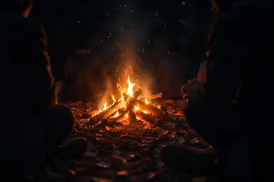 Campfire Prayer Circle in Forest Night