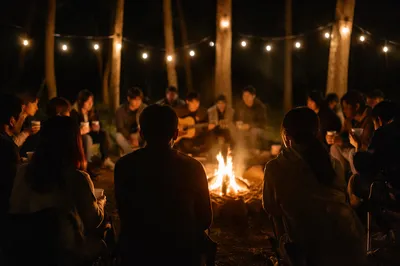Campfire Gathering in Forest at Night