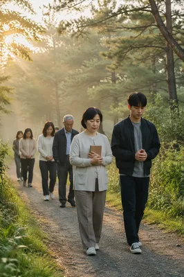 Small Group Walking Forest Path at Dawn