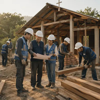 Korean Construction Team Beside Rural Chapel