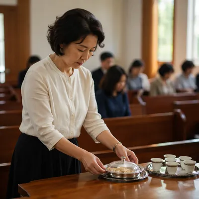 Korean Deaconess Preparing Communion Table
