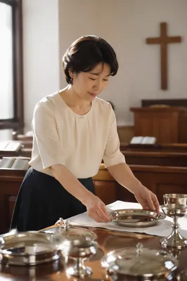 Korean Deaconess Arranging Communion Table