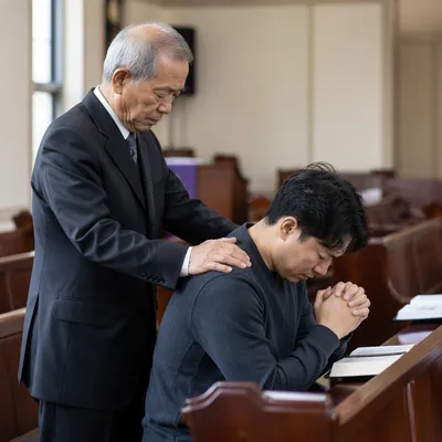 Elder Praying Over Kneeling Man