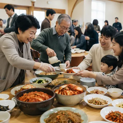 Korean Potluck Table in Community Hall