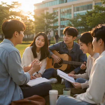 Korean College Students on Campus Lawn