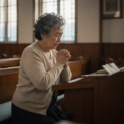 Elderly Korean Woman Praying in Church