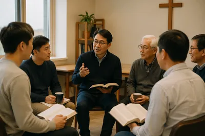 Korean Men Studying Together in Church Classroom