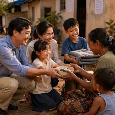 Korean Family Sharing Aid in Courtyard