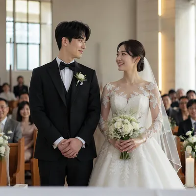 Korean Newlyweds in Bright Church Ceremony